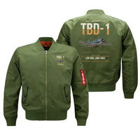 Thumbnail for TBD-1 Devastator design on green bomber jacket, double-side print