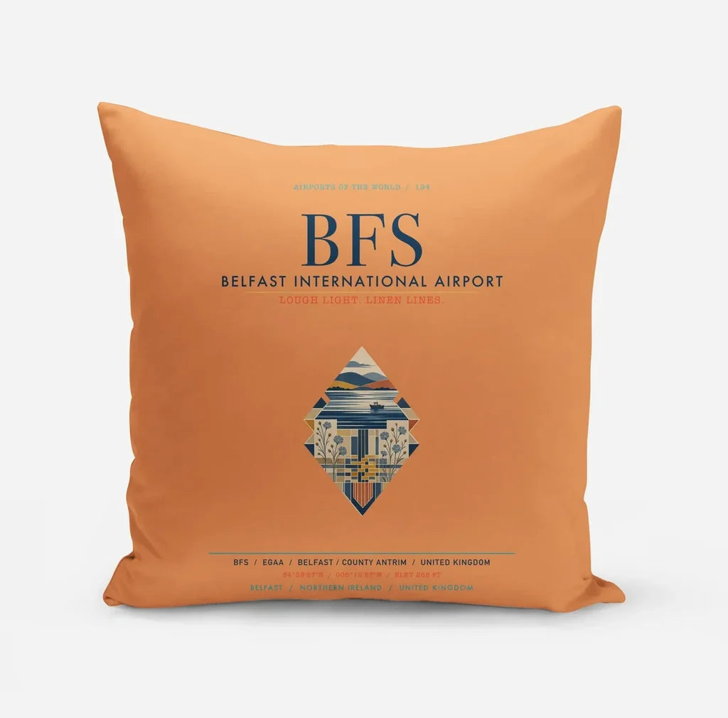 Belfast International Airport (BFS) design on orange pillow
