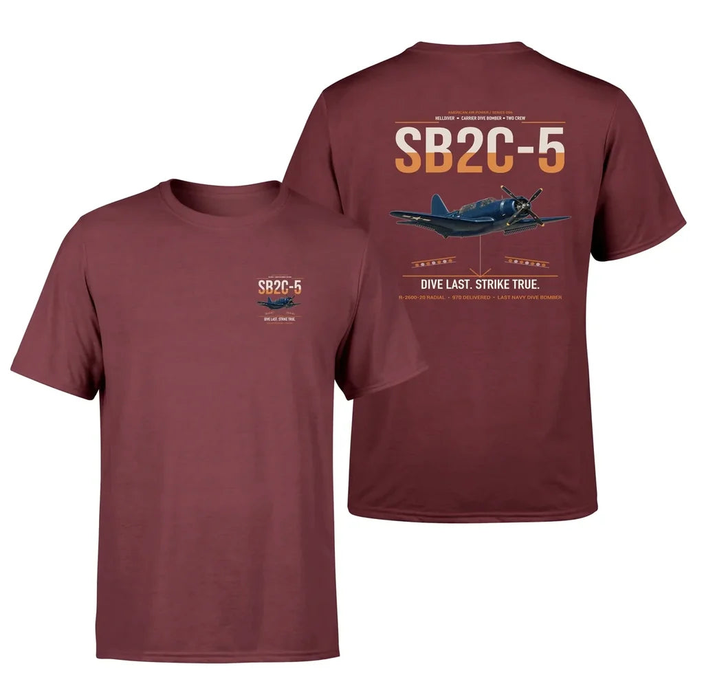 SB2C-5 Helldiver design on dark red double-side t-shirt, double-side print