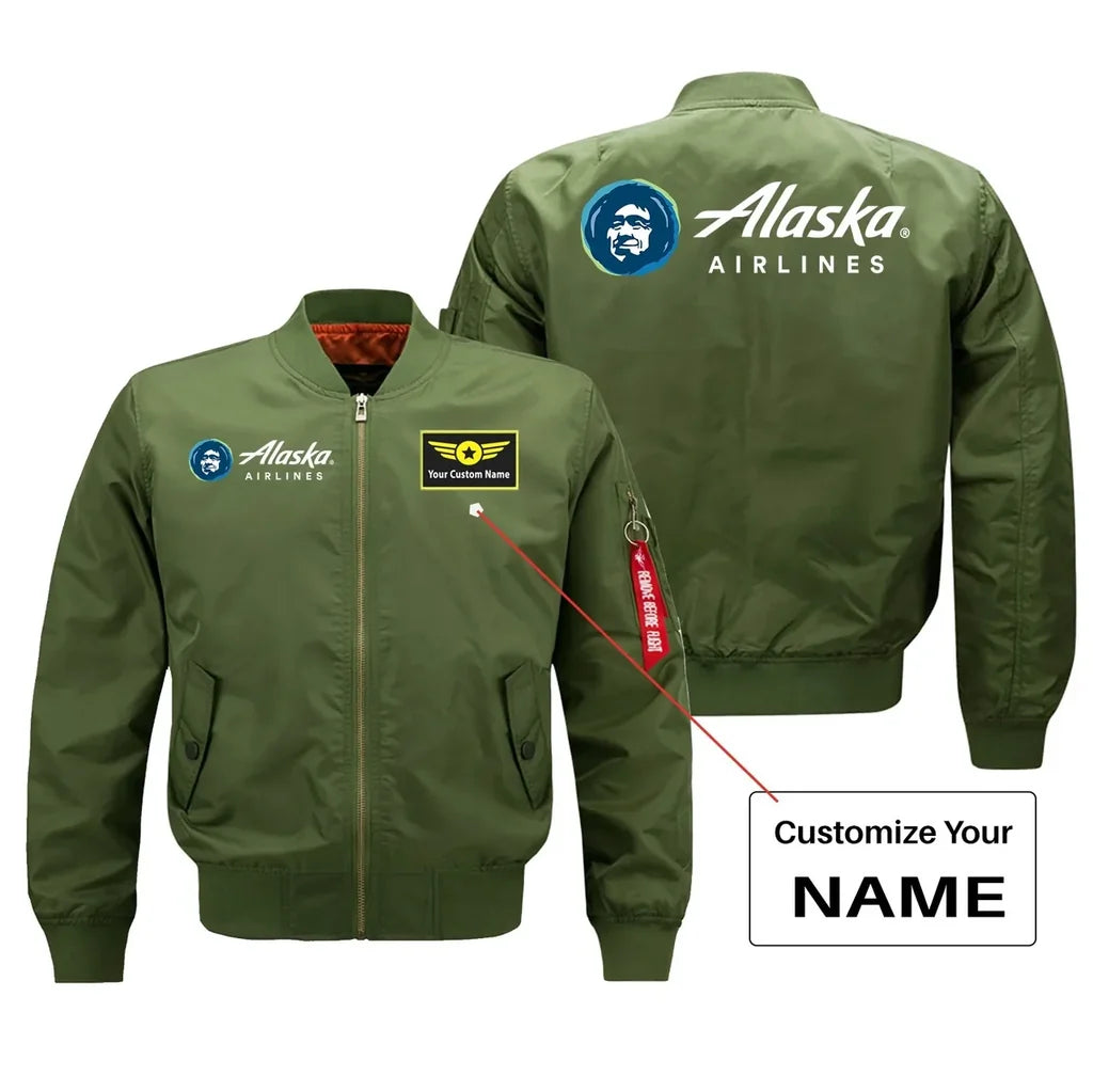 Alaska Airlines logo on green + name bomber jacket