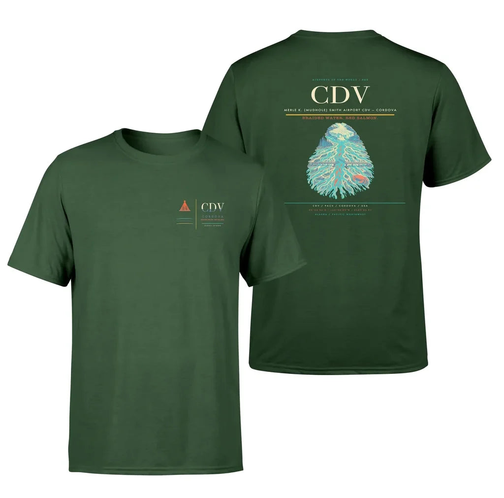 Merle K. (Mudhole) Smith Airport (CDV) design printed on dark green double-side t-shirt