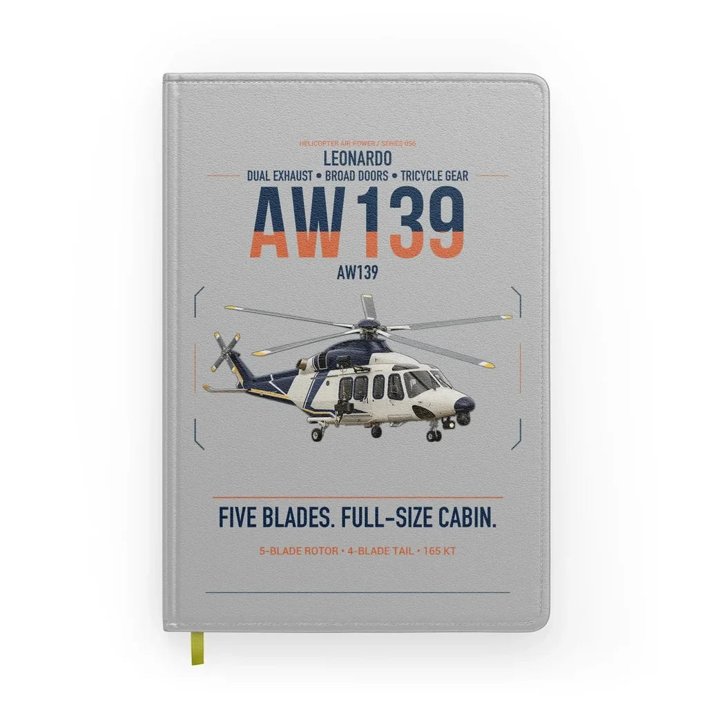 Leonardo AW139 design on light gray notebook