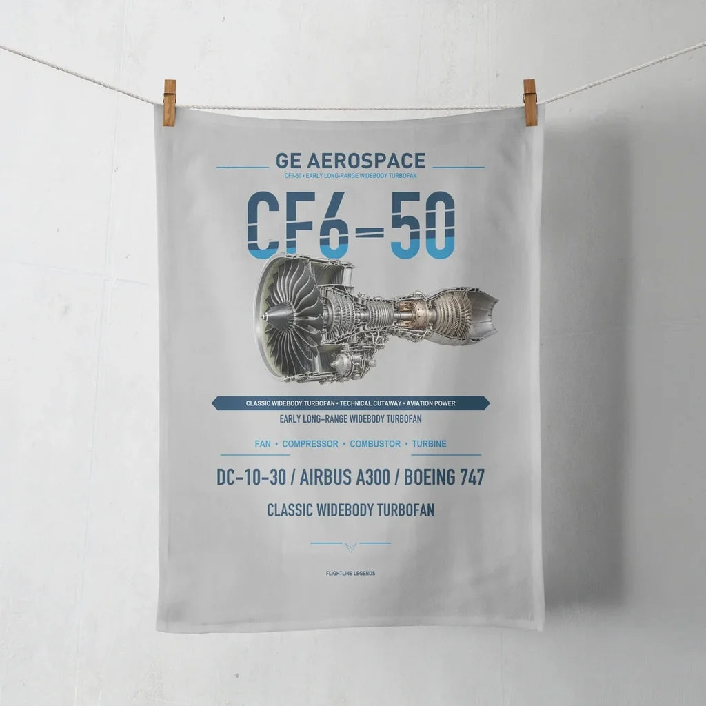 CF6-50 design on light gray towel