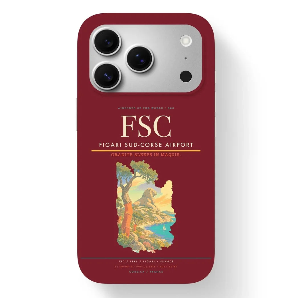 Figari Airport (FSC) design on dark red iPhone 17 Pro MagSafe case