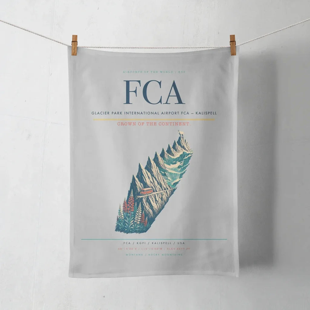 Glacier Park International Airport (FCA) design on light gray towel