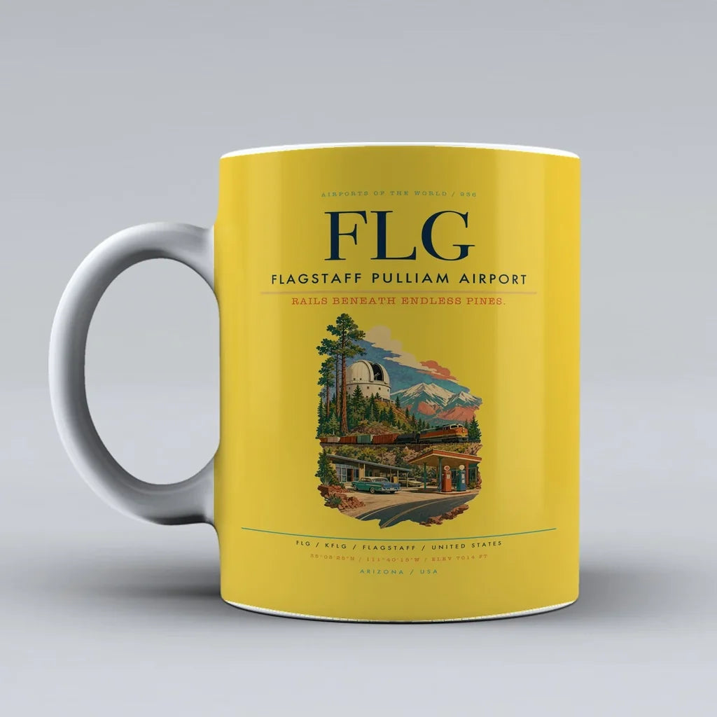 Flagstaff Pulliam Airport (FLG) airport code design on yellow ceramic mug