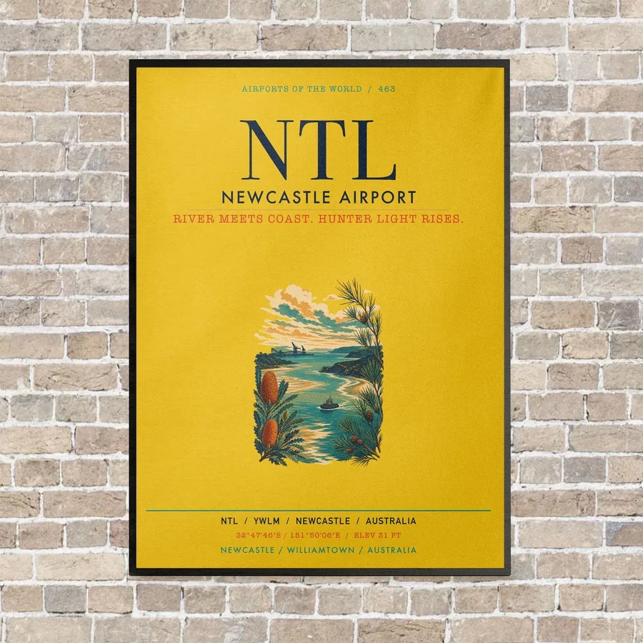 Newcastle Airport NTL vertical canvas print - framed - yellow background