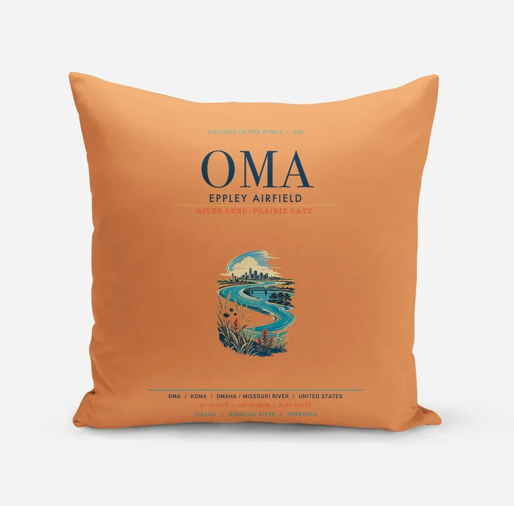 Omaha Eppley Airfield (OMA) design on orange pillow