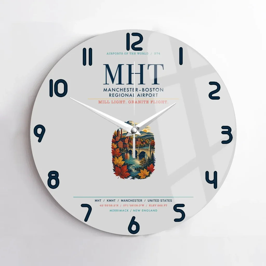 Manchester–Boston Regional Airport (MHT) design on light gray no frame wall clock