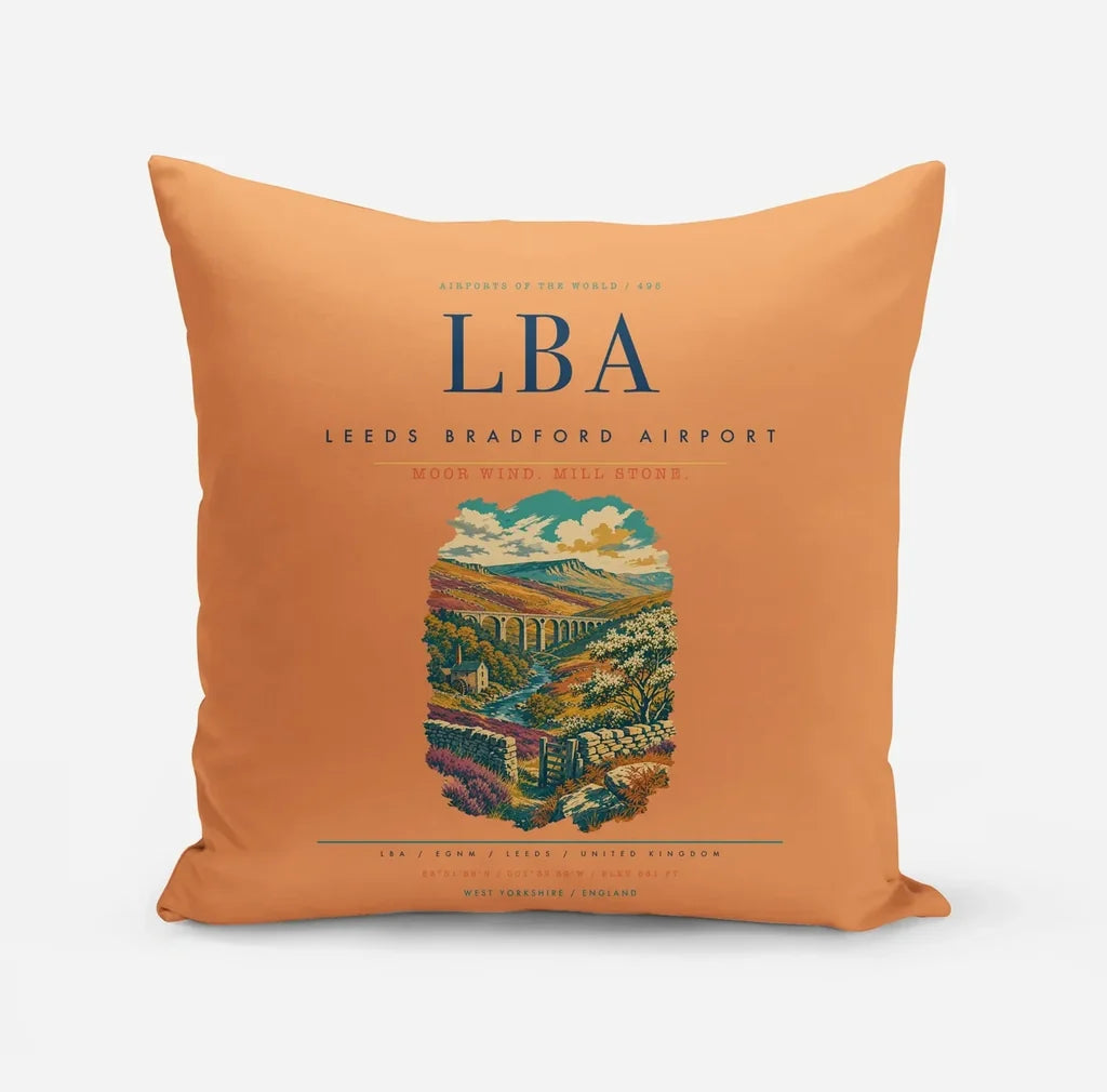 Leeds Bradford Airport (LBA) design on orange pillow