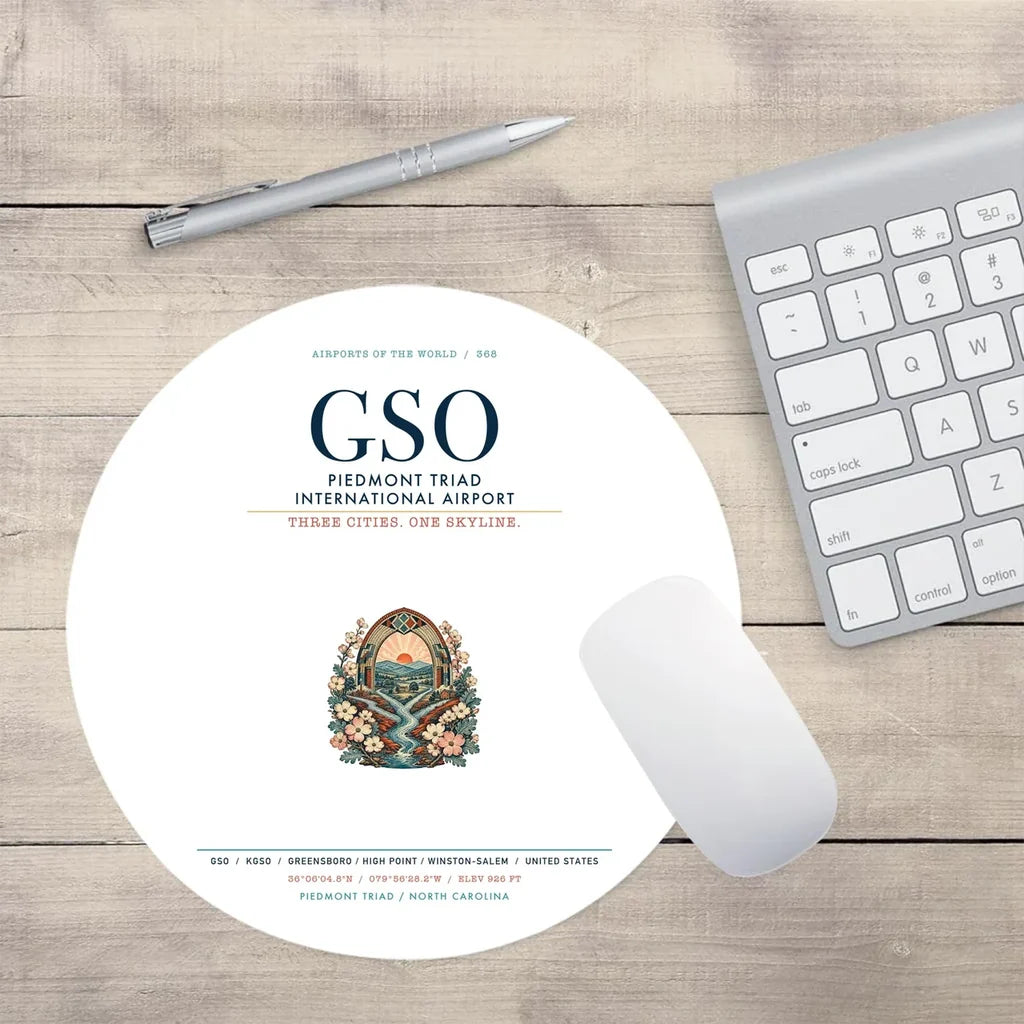 Piedmont Triad International Airport (GSO) design on white round mouse pad