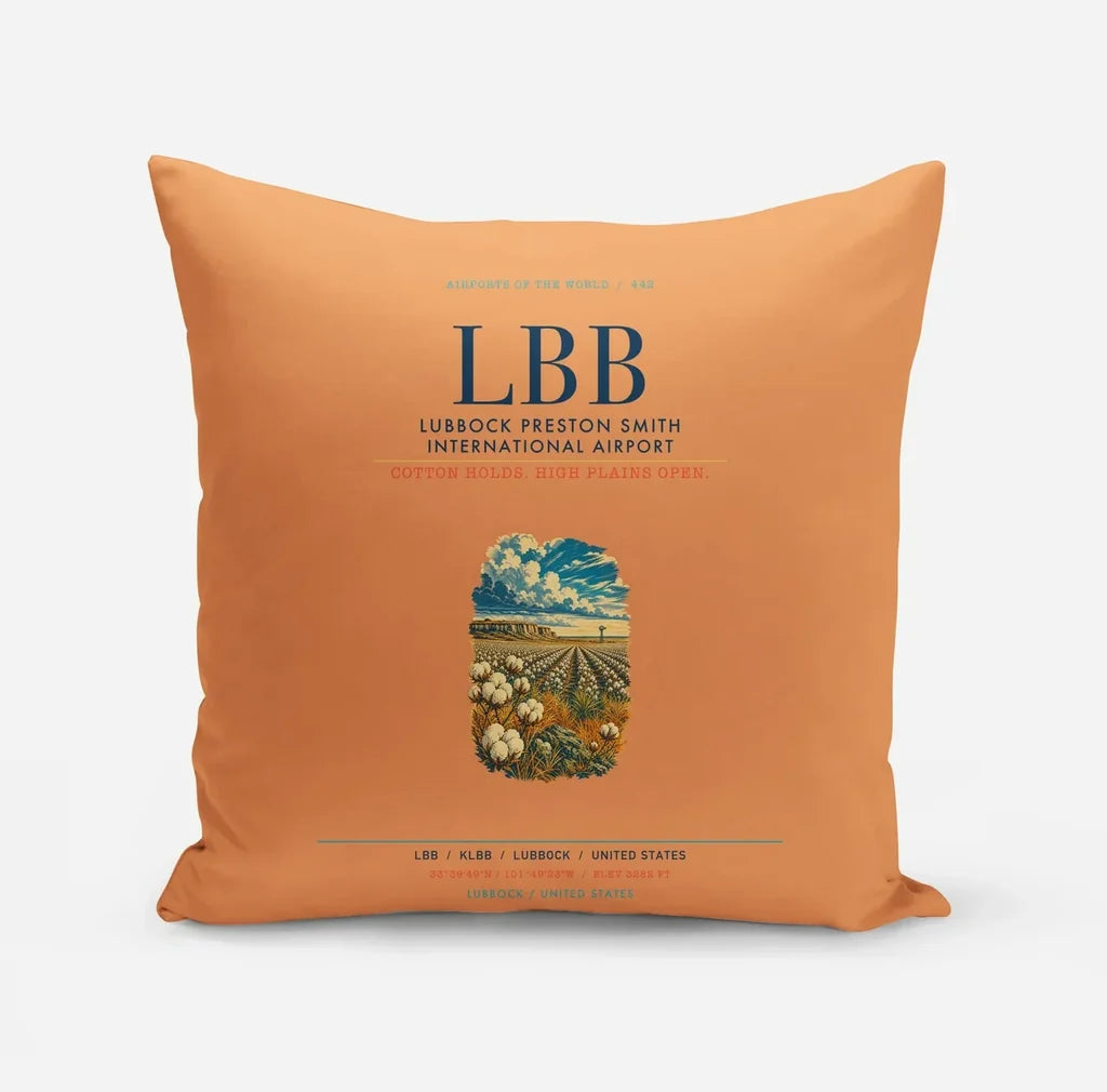 Lubbock Preston Smith International Airport (LBB) design on orange pillow