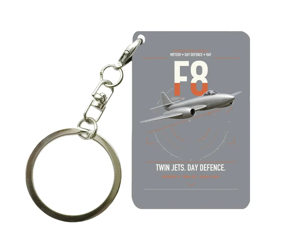 Gloster Meteor F8 design on gray designed key chain, double-side print