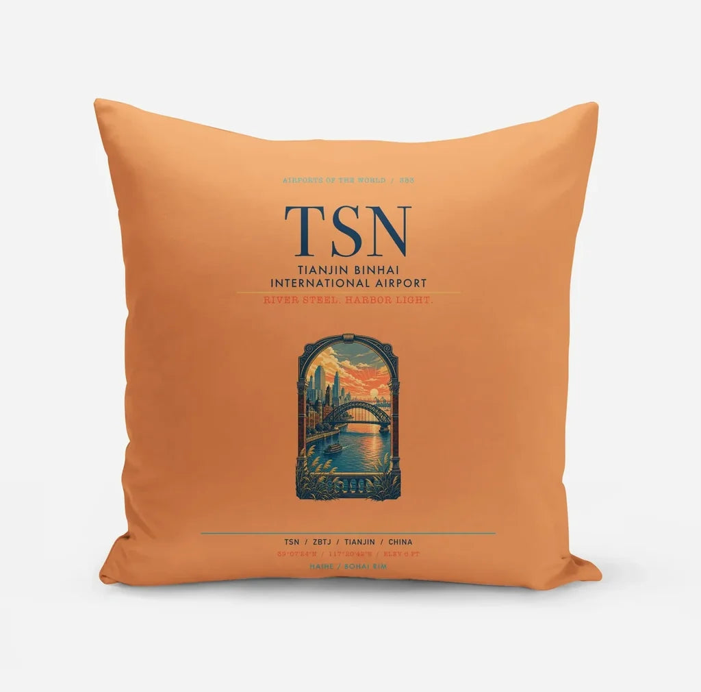 Tianjin Binhai International Airport (TSN) design on orange pillow