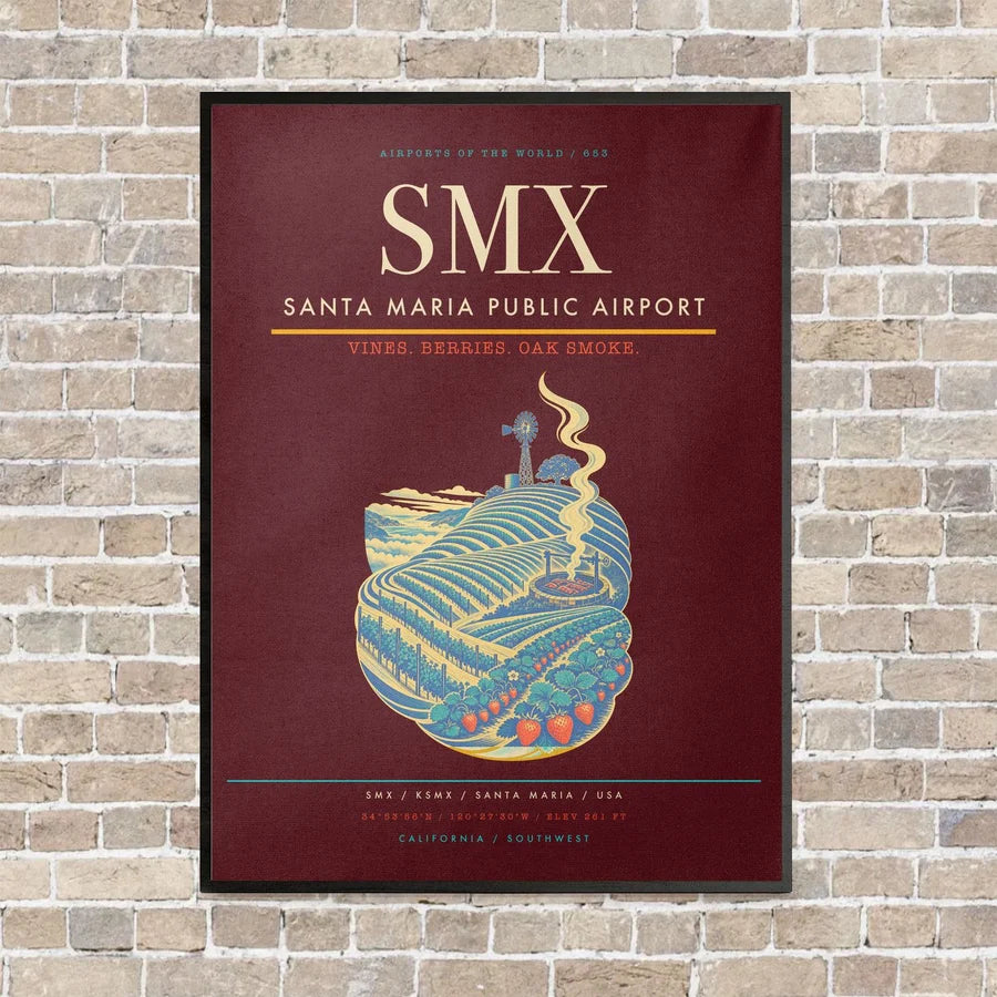 Santa Maria Public Airport SMX vertical canvas print - framed - dark red background