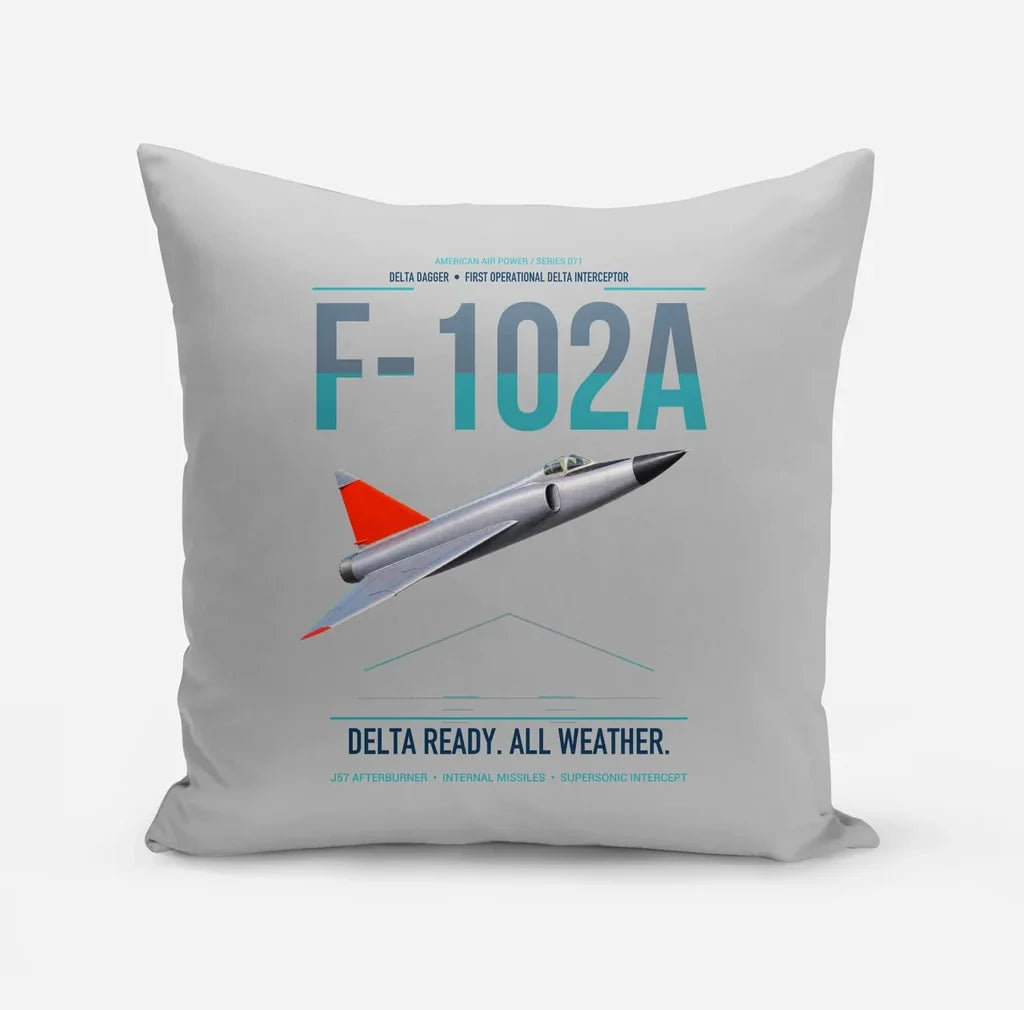 F-102A Delta Dagger design on light gray pillow