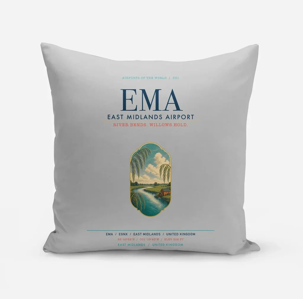 East Midlands Airport (EMA) design on light gray pillow