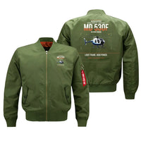 Thumbnail for MD Helicopters MD 530F design on green bomber jacket, double-side print