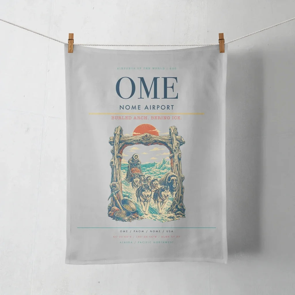 Nome Airport (OME) design on light gray towel