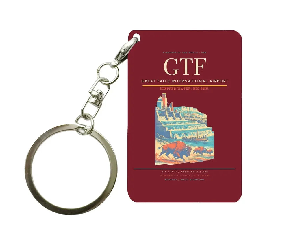 Great Falls International Airport (GTF) design on dark red key chain
