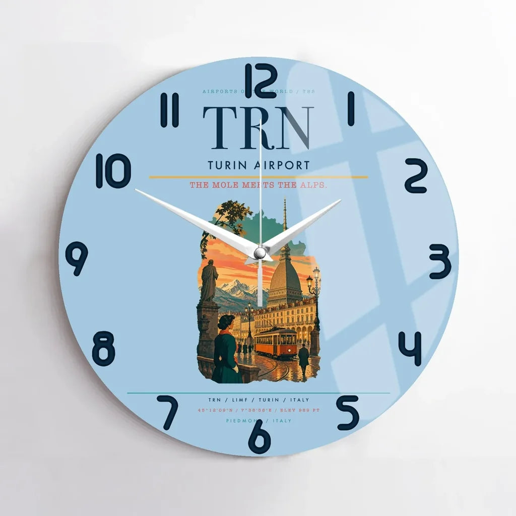 Turin Airport (TRN) design on light blue no frame wall clock