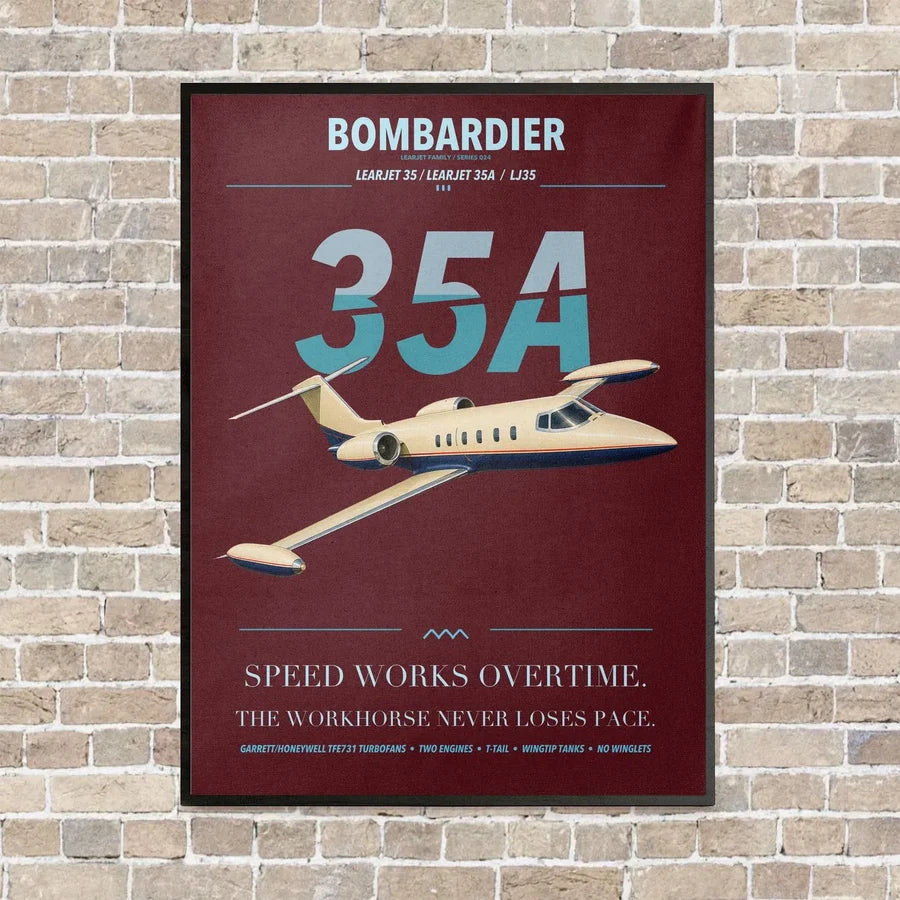 Bombardier Learjet 35A vertical canvas print - framed - dark red background