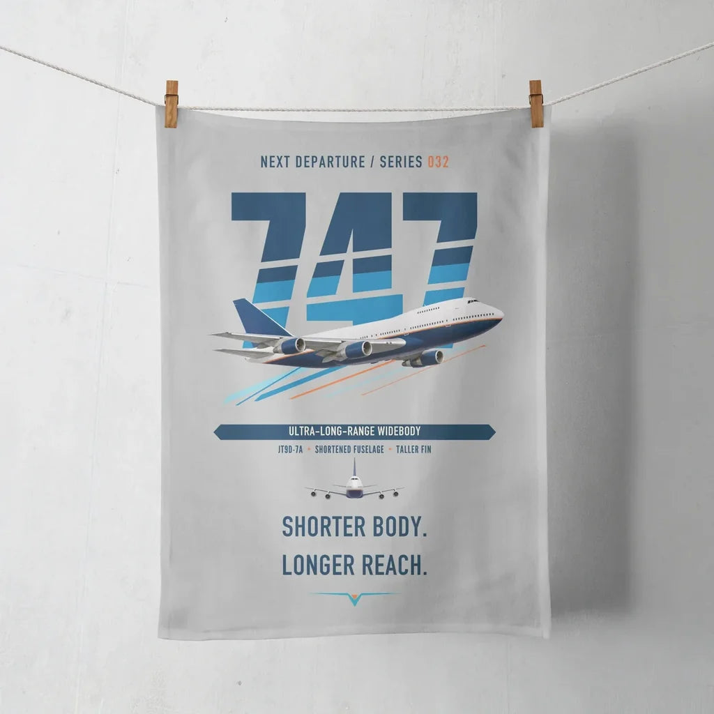 Boeing 747SP design on light gray towel