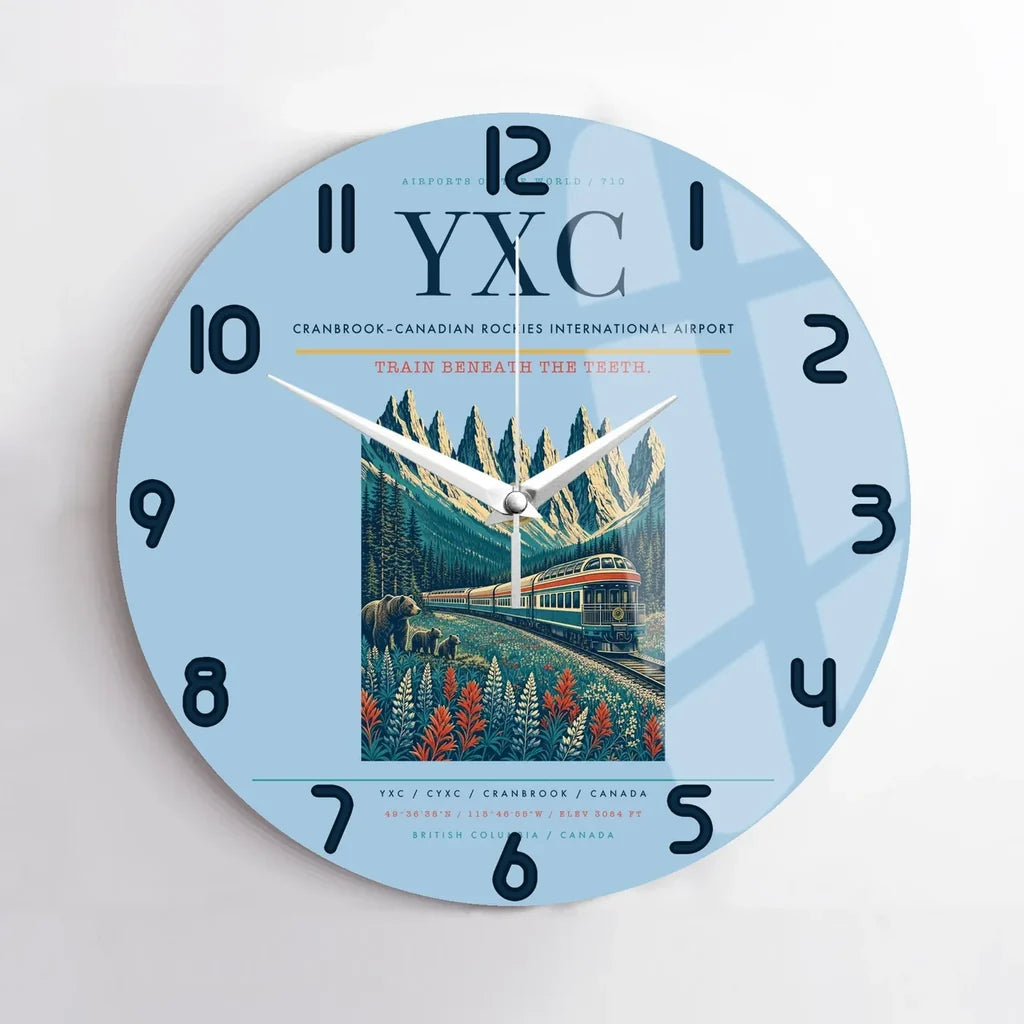 Cranbrook–Canadian Rockies International Airport (YXC) design on light blue no frame wall clock