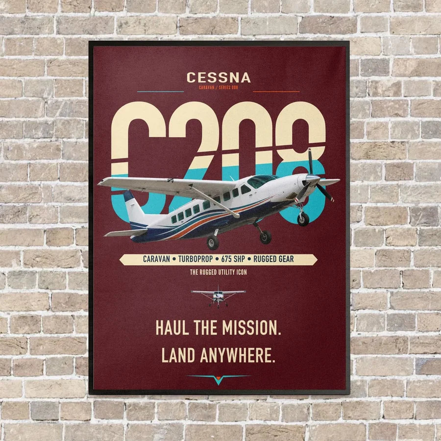 Cessna 208 Caravan vertical canvas print - framed - dark red background