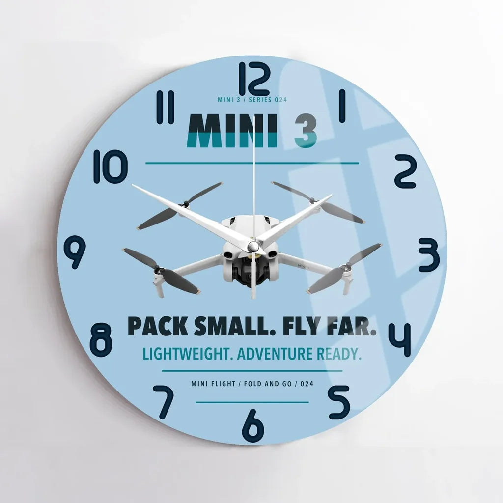 DJI Mini 3 design on light blue no frame wall clock