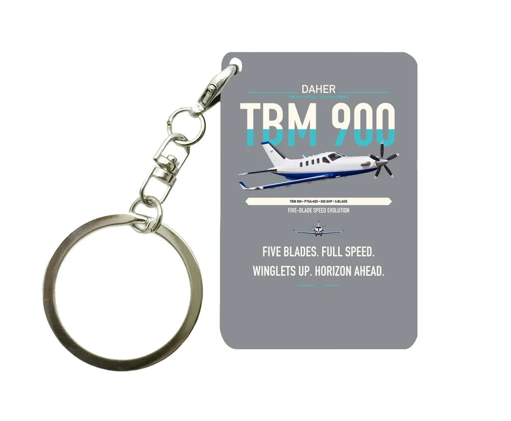 Daher TBM 900 design on gray designed key chain, double-side print