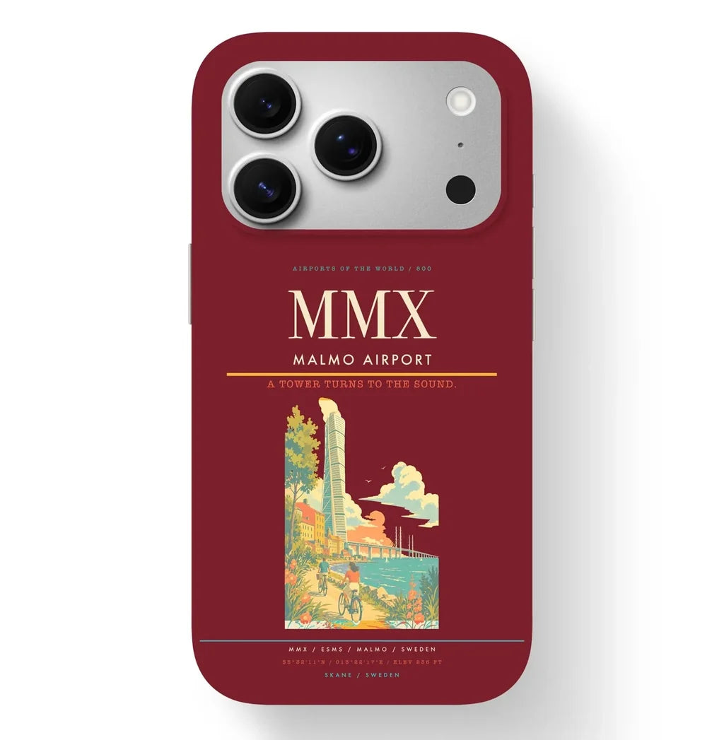 Malmo Airport (MMX) design on dark red iPhone 17 Pro MagSafe case
