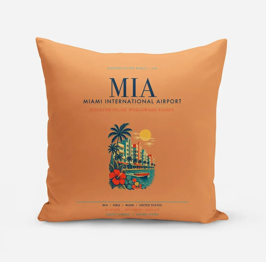 Miami International Airport (MIA) design on orange pillow