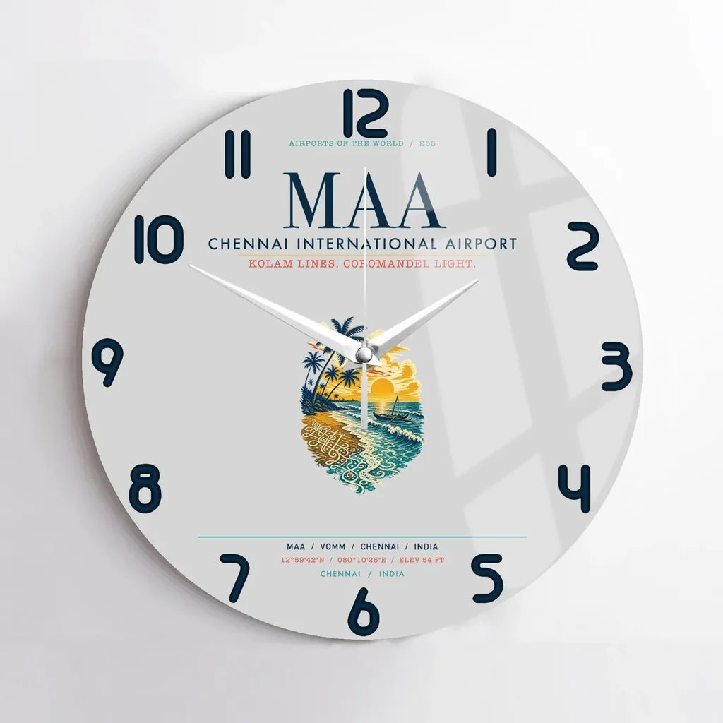 Chennai International Airport (MAA) design on light gray no frame wall clock