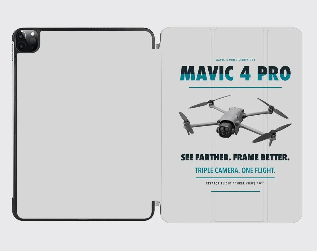 DJI Mavic 4 Pro design on light gray ipad tablet case