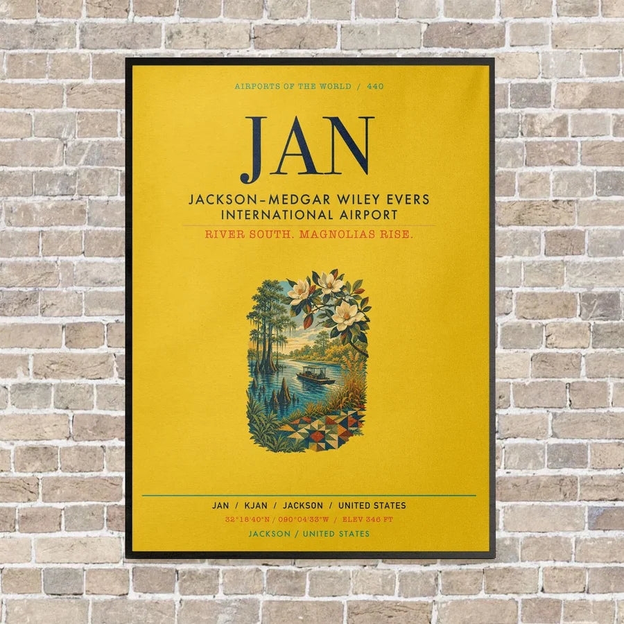 Jackson–Medgar Wiley Evers International Airport JAN vertical canvas print - framed - yellow background