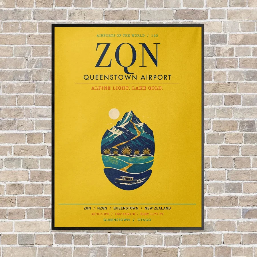 Queenstown Airport ZQN vertical canvas print - framed - yellow background