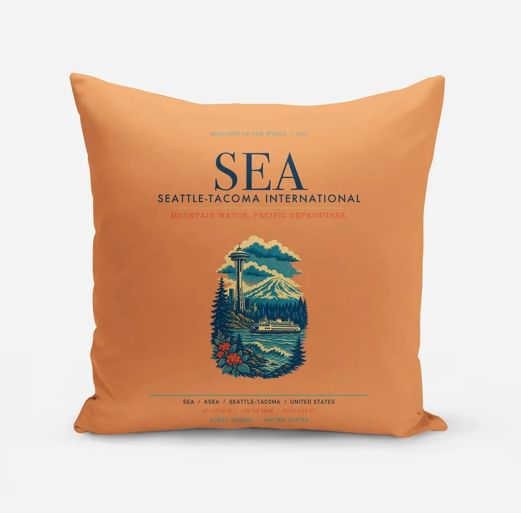 Seattle-Tacoma International Airport (SEA) design on orange pillow