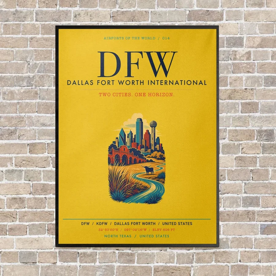 Dallas Fort Worth International Airport DFW vertical canvas print - framed - yellow background