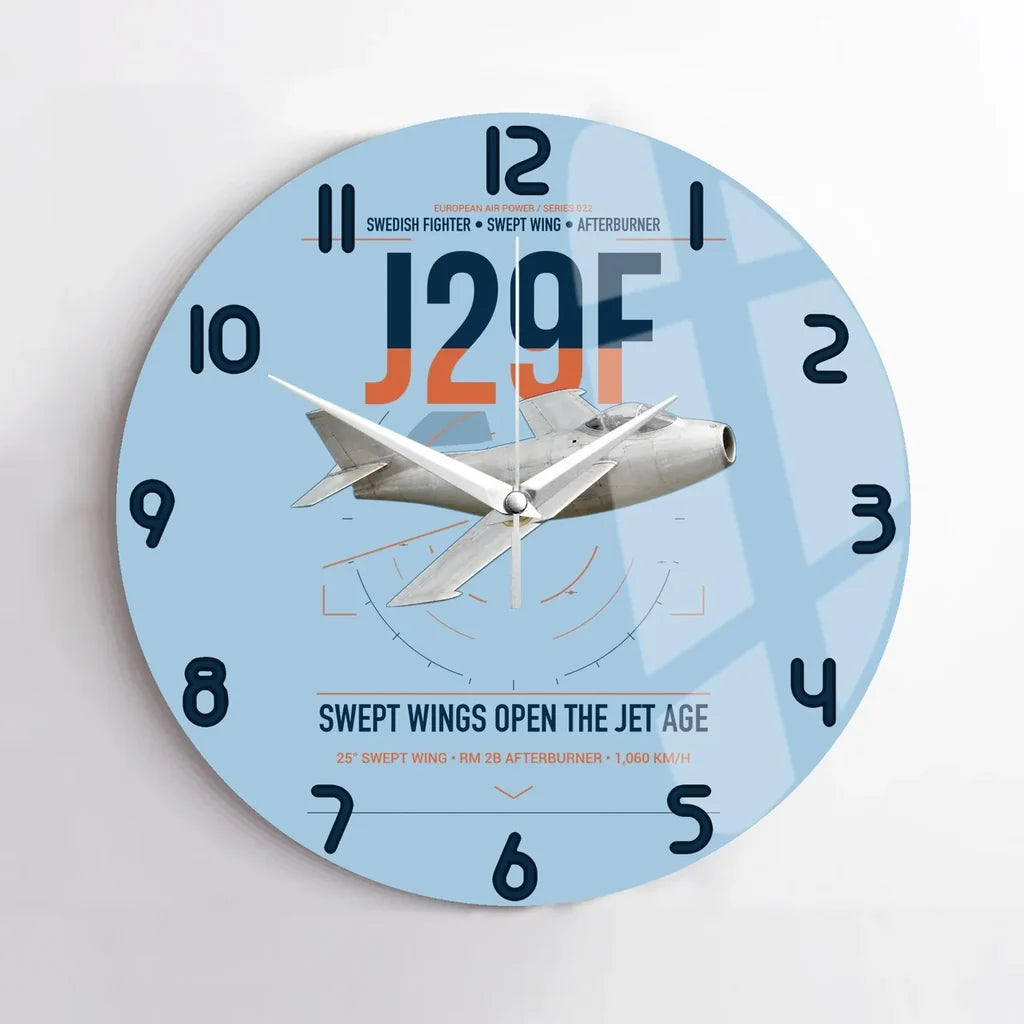 Saab J 29F Tunnan design on light blue no frame wall clock