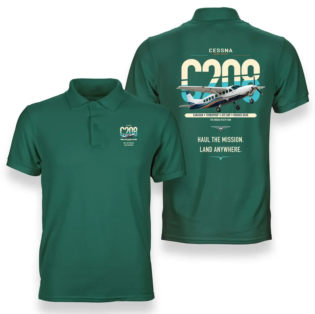 Cessna 208 Caravan design on green double-side polo t-shirt, double-side print