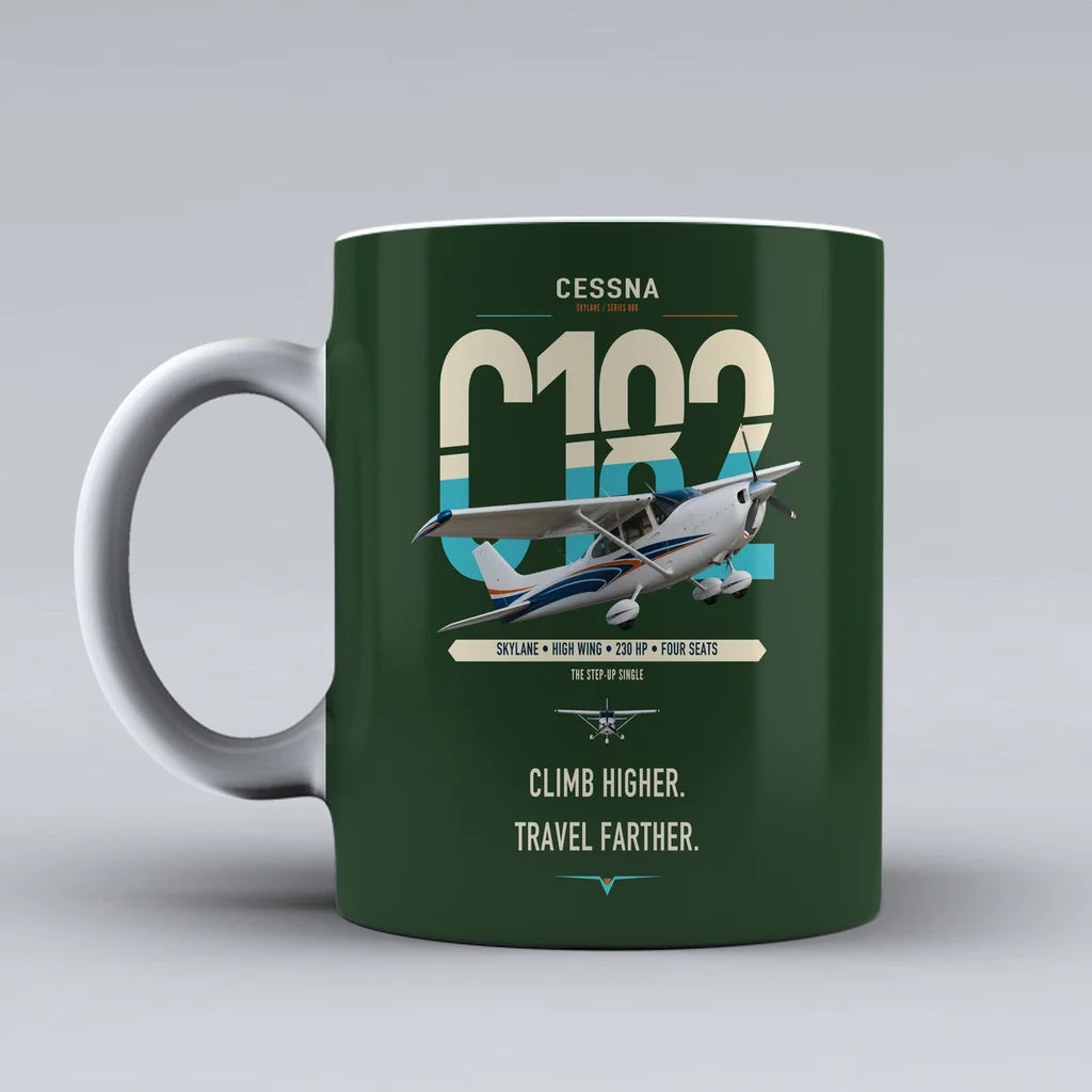 Cessna 182 Skylane design on dark green ceramic mug, double-side print