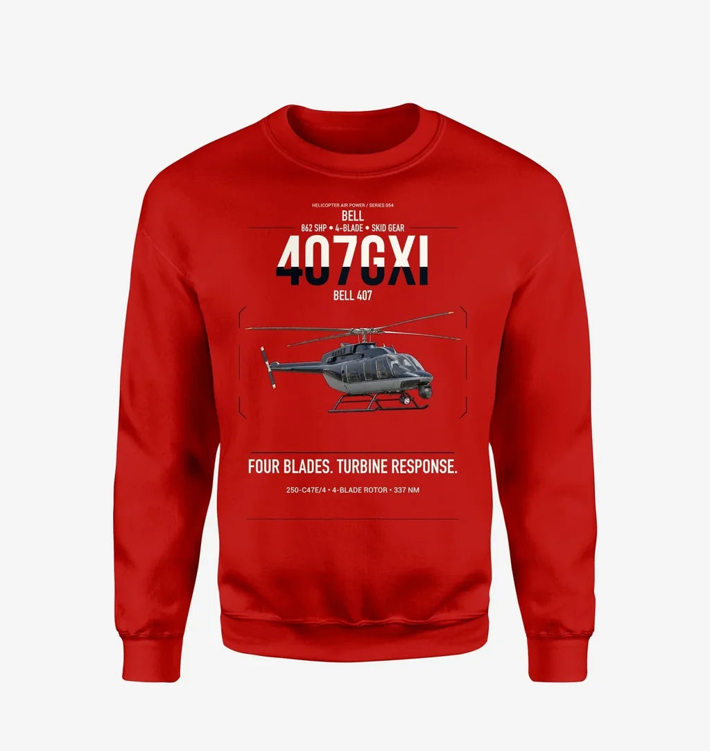 Bell 407GXi design on red sweatshirt
