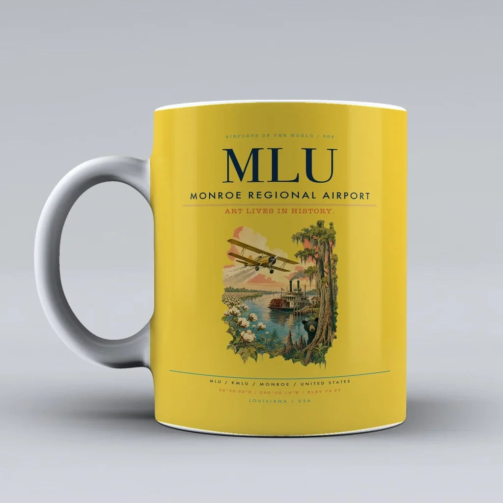 Monroe Regional Airport (MLU) airport code design on yellow ceramic mug