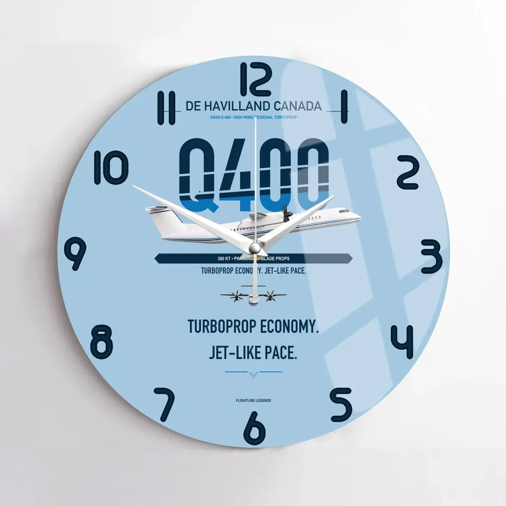 De Havilland Dash 8-400 design on light blue no frame wall clock