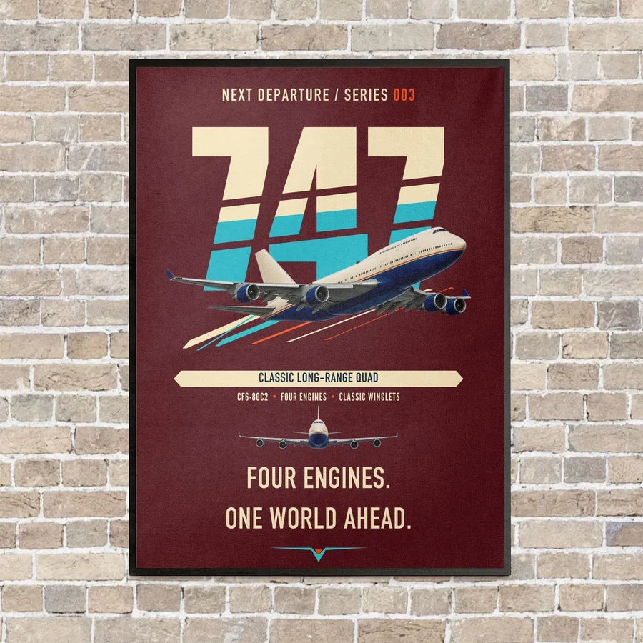 Boeing 747-400 vertical canvas print - framed - dark red background