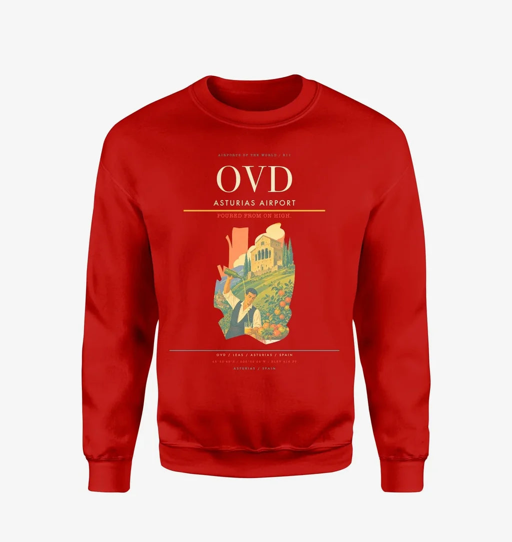Asturias Airport (OVD) design on red sweatshirt
