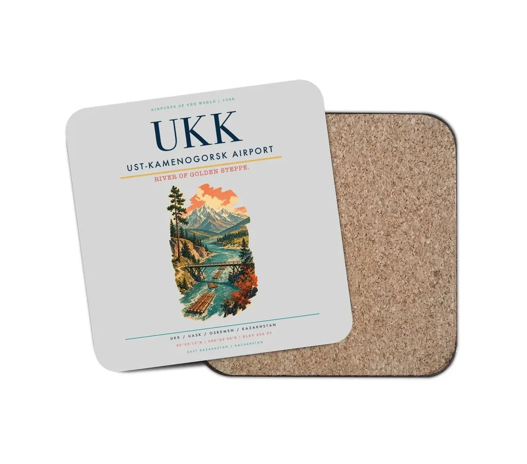 Ust-Kamenogorsk Airport (UKK) design on light gray 1 piece coaster
