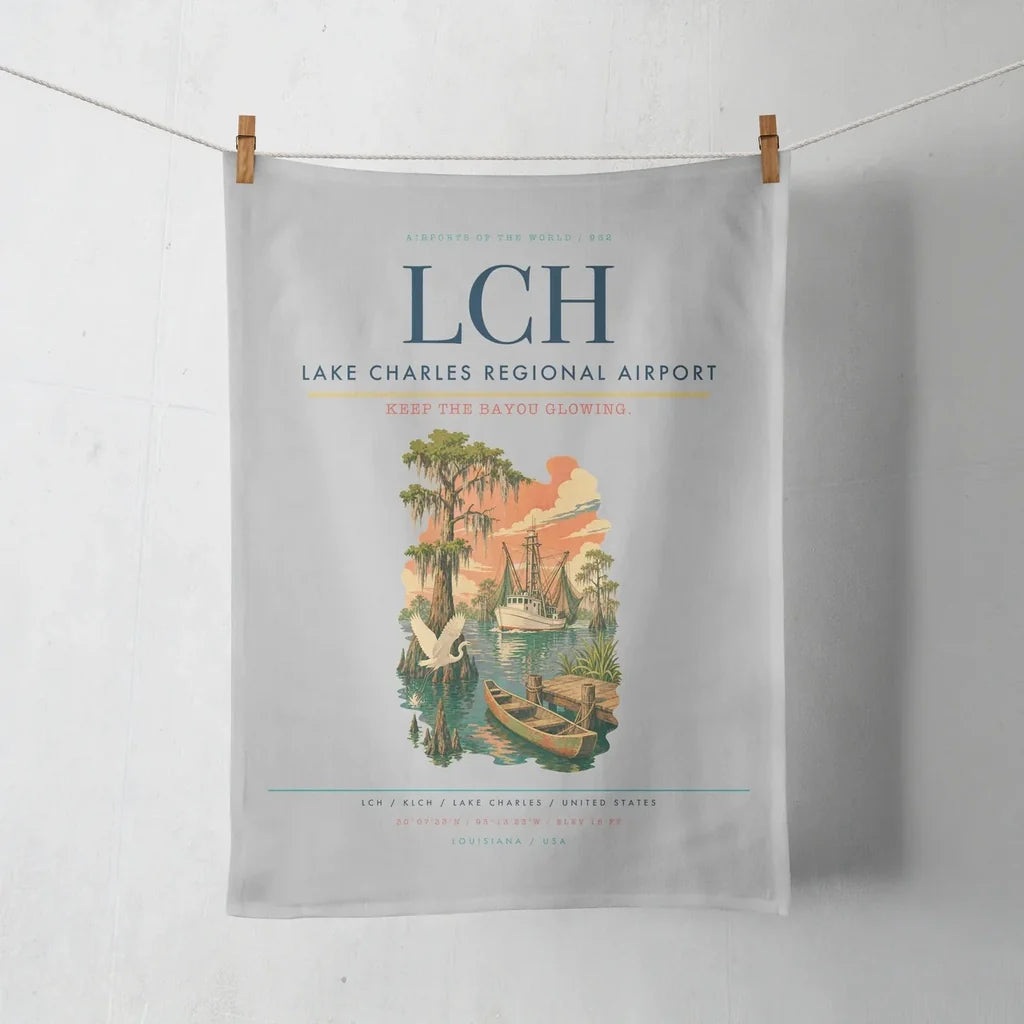 Lake Charles Regional Airport (LCH) design on light gray towel