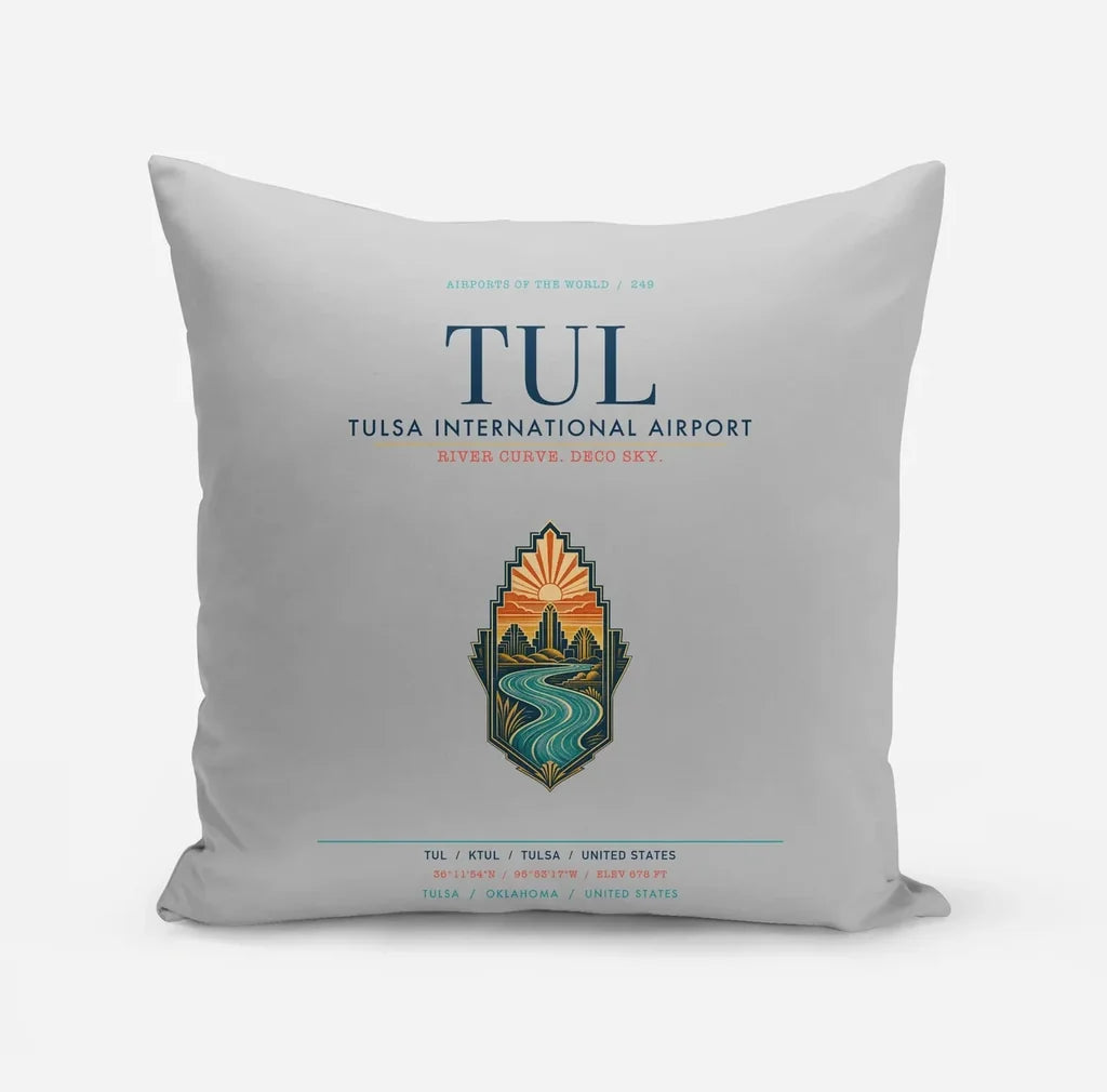 Tulsa International Airport (TUL) design on light gray pillow
